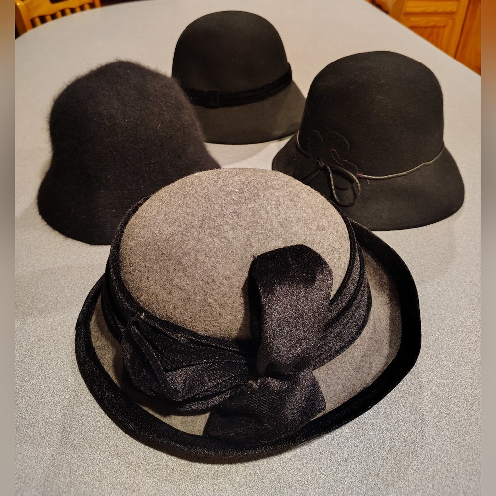 4 Retro Womens Winter Hats Black Wool Angora Bucket & Cloche Exc Cond Must See!